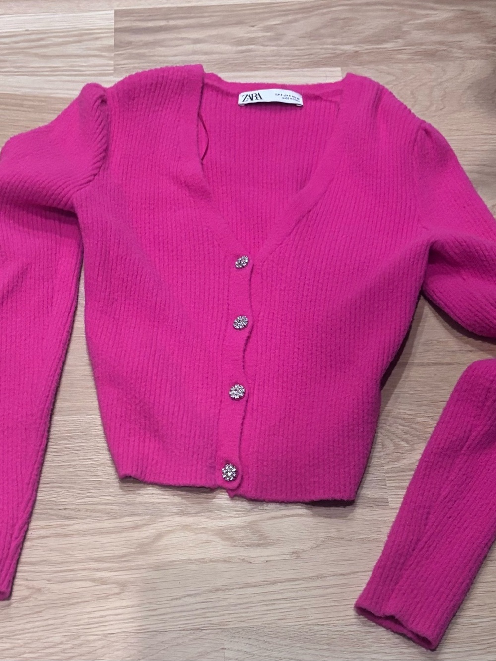 Zara Bright Hot Pink V-Neck Ribbed Button diamond Cardigan size S